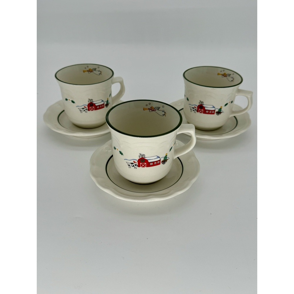 Pfaltzgraff Snow Village Lot of 3 Saucers and Cups, Used Excellent Condition